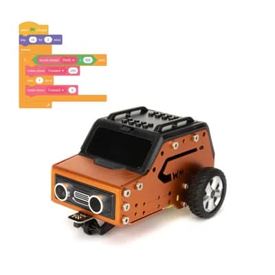 xe robot màu cam đen đã lắp hoàn chỉnh, kèm khối lệnh lập trình kéo thả
