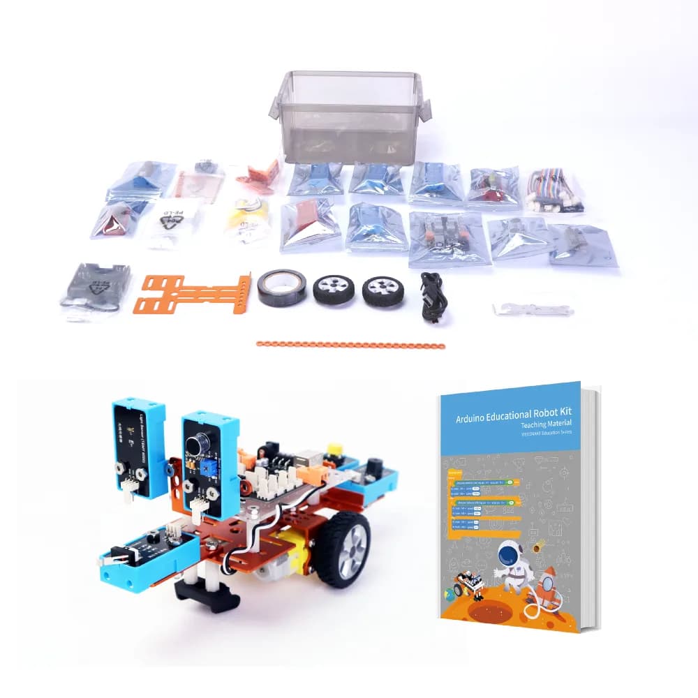 linh kiện của bộ bày trên nền trắng cùng xe robot đã lắp và sách hướng dẫn