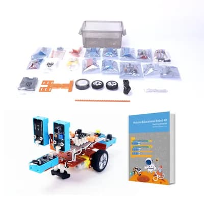 linh kiện của bộ bày trên nền trắng cùng xe robot đã lắp và sách hướng dẫn