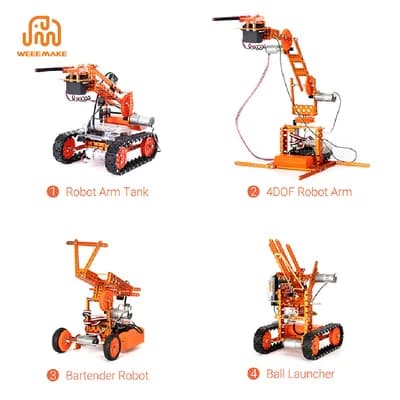 bốn mô hình robot: xe xích có tay máy, cánh tay robot, robot pha chế và robot phóng bóng