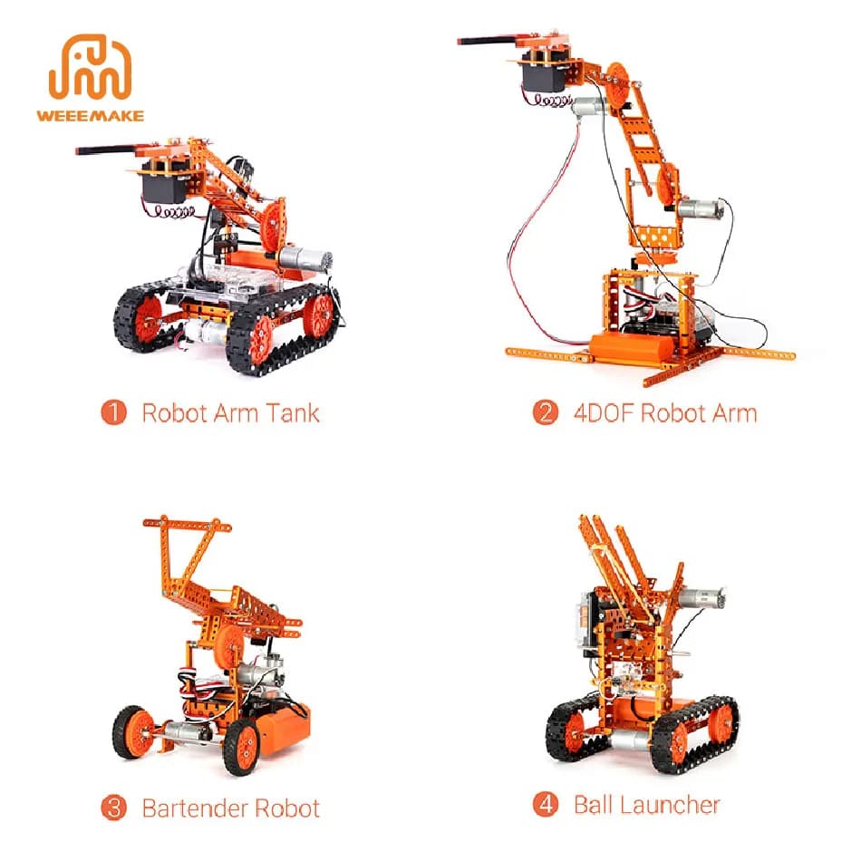 bốn mô hình robot: xe xích có tay máy, cánh tay robot, robot pha chế và robot phóng bóng