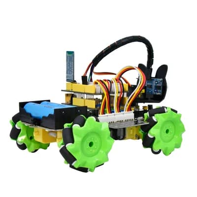 xe robot bốn bánh Mecanum nhìn từ bên cạnh, thấy ngăn pin và dây nối