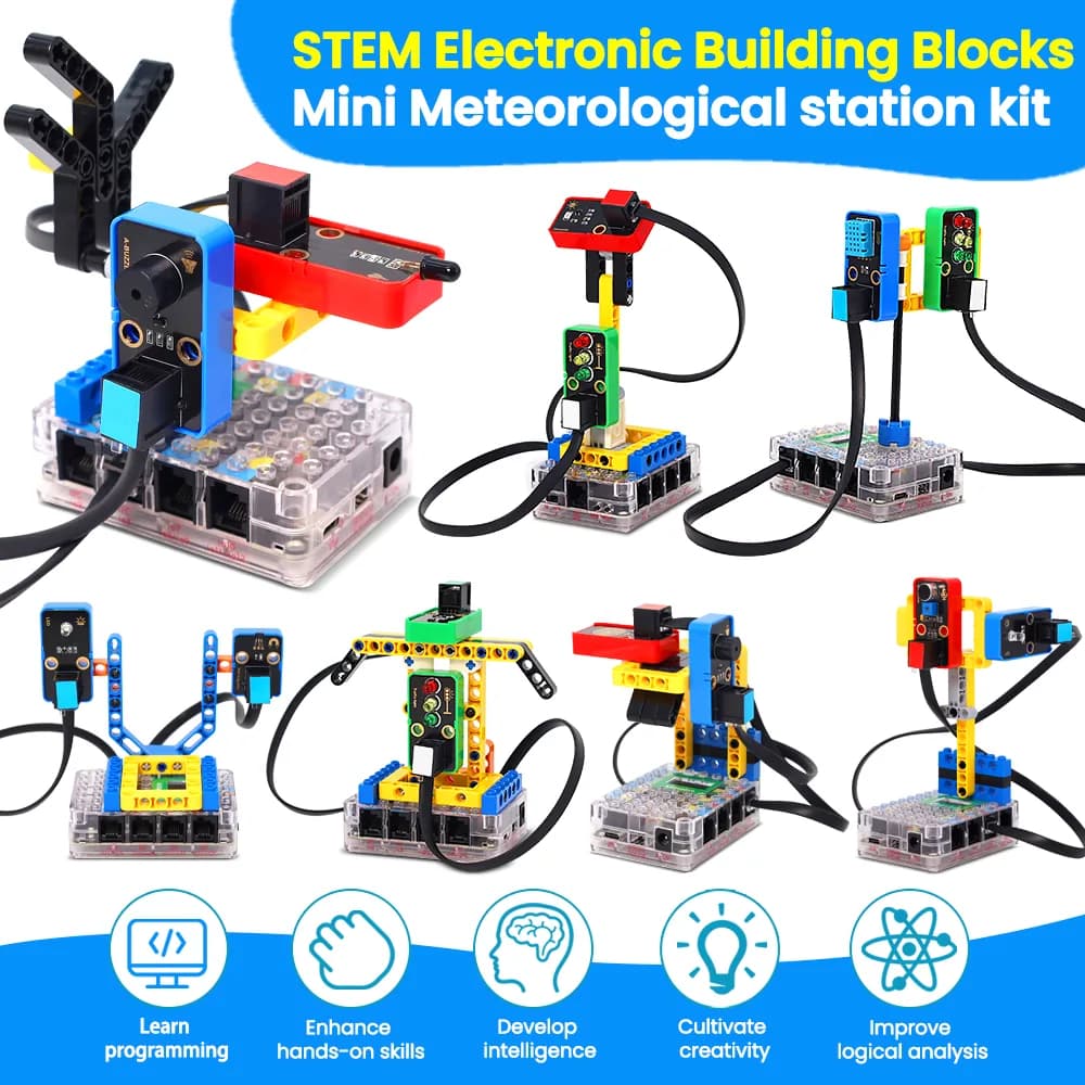 nhiều mô hình khối lắp ghép gắn cảm biến trên đế trong suốt của bộ trạm khí tượng mini