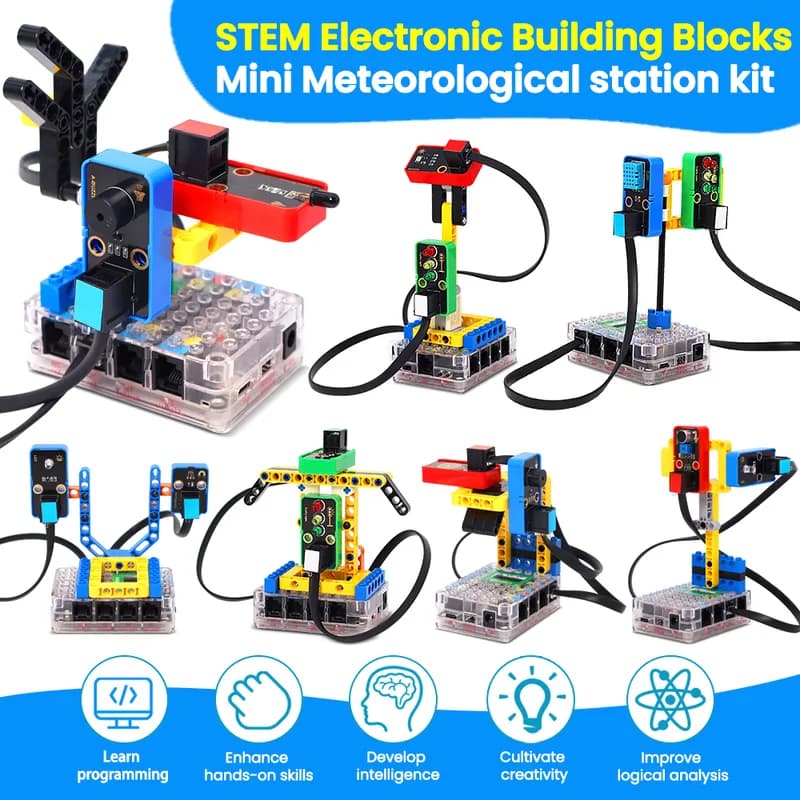 nhiều mô hình khối lắp ghép gắn cảm biến trên đế trong suốt của bộ trạm khí tượng mini