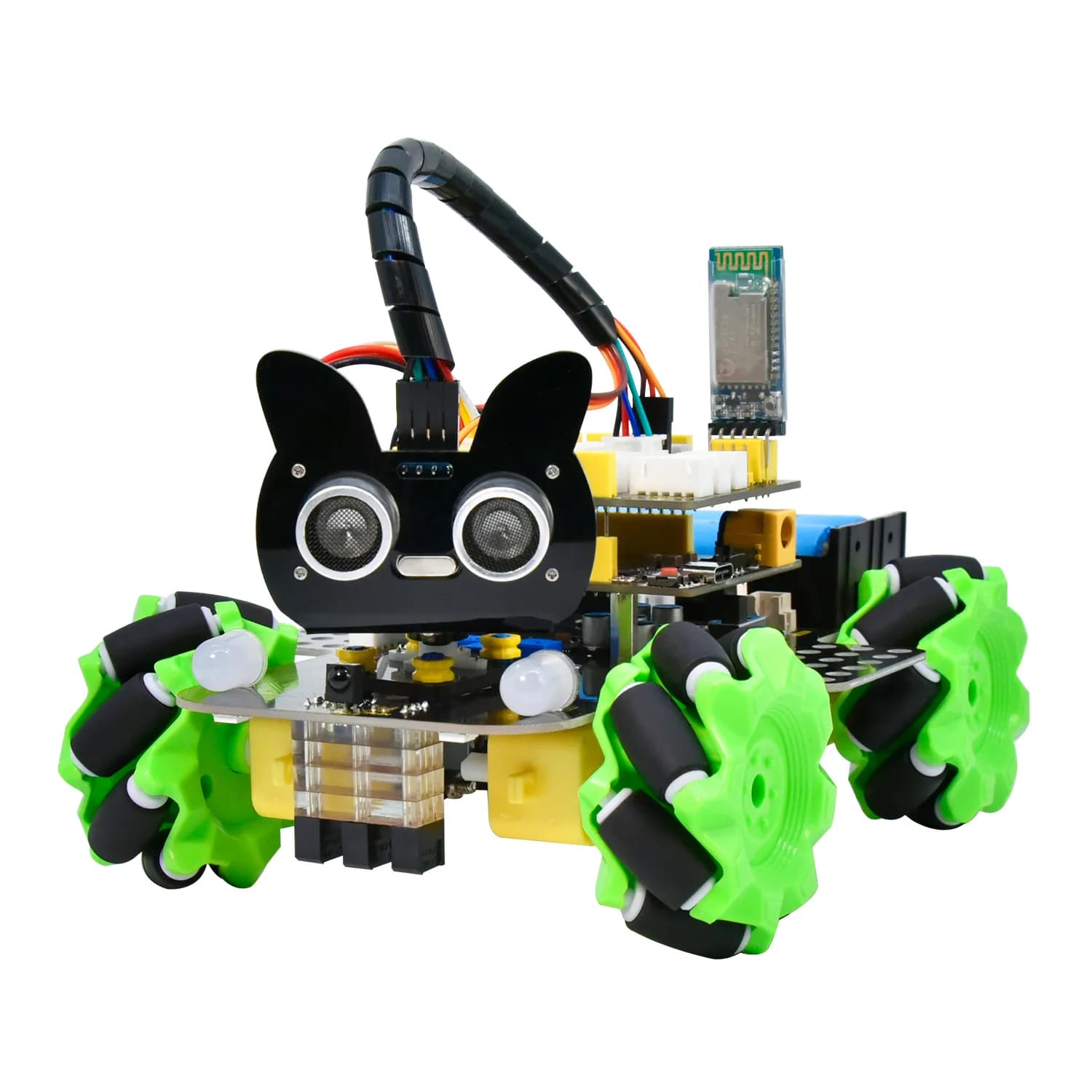 xe robot bốn bánh Mecanum nhìn chéo từ phía trước