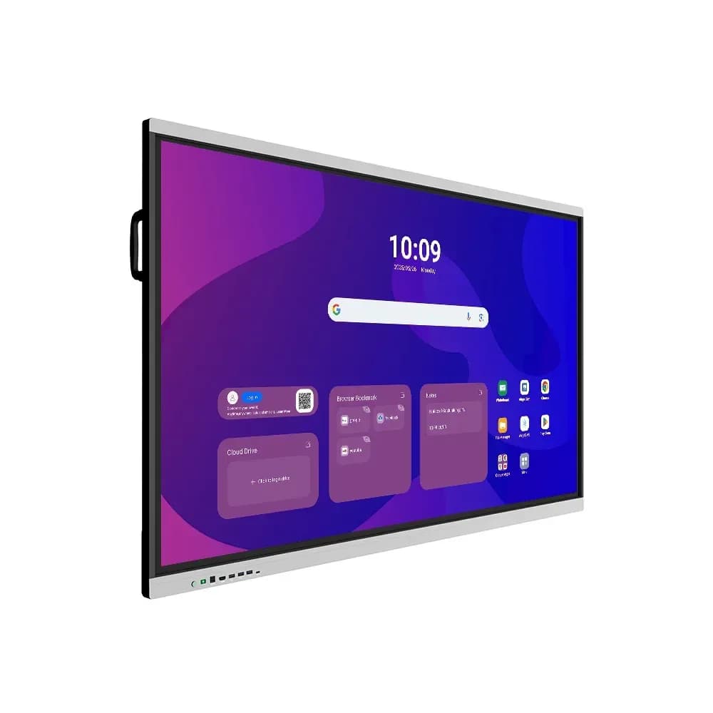 Màn hình tương tác EIBOARD LZ-65MBD2 nhìn nghiêng, thấy tay cầm và viền máy