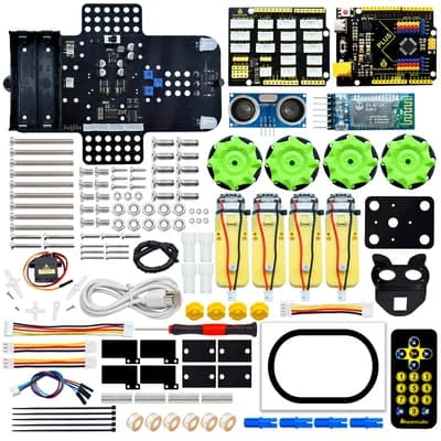 toàn bộ linh kiện của bộ xe robot Mecanum bày trên nền trắng
