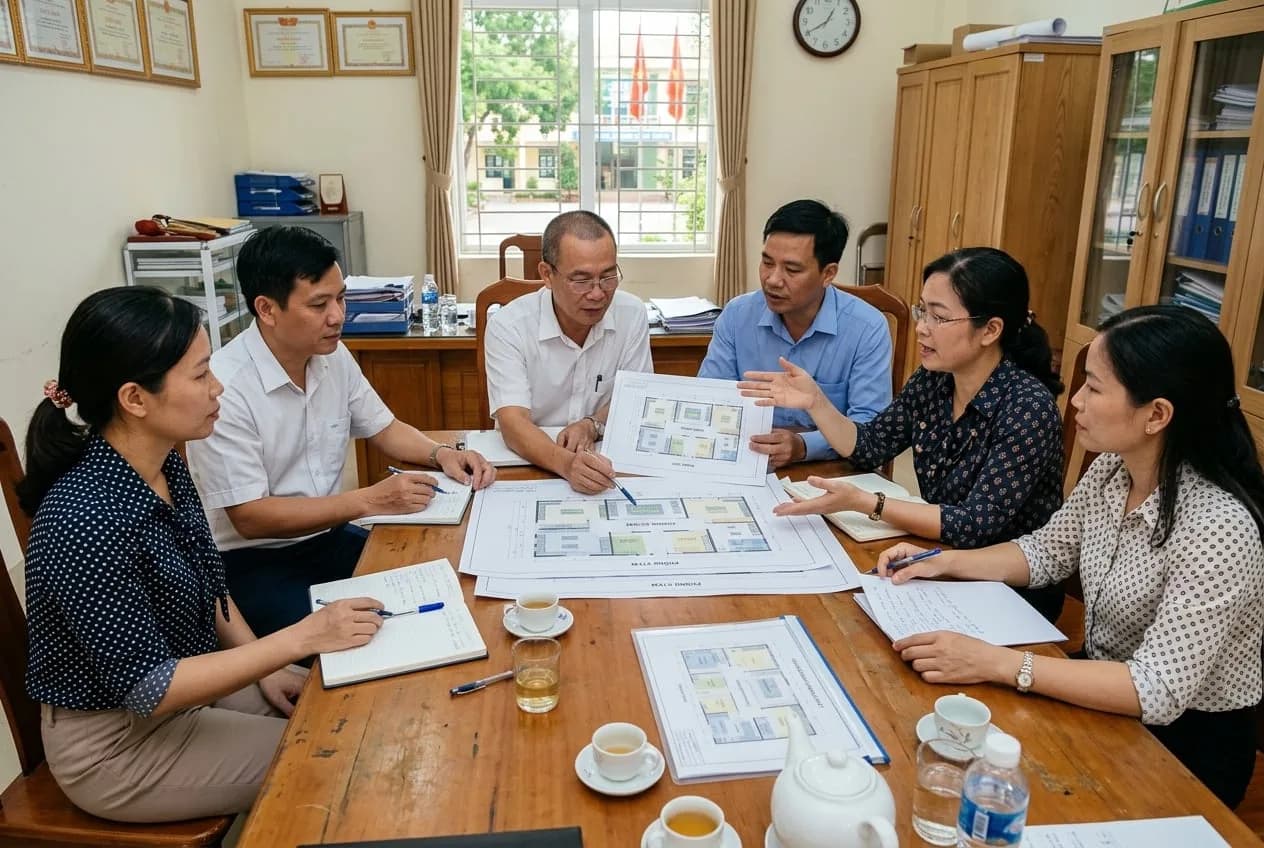 Ban giám hiệu và giáo viên trường phổ thông thảo luận lộ trình đầu tư thiết bị STEM trước mô hình phòng học thông minh