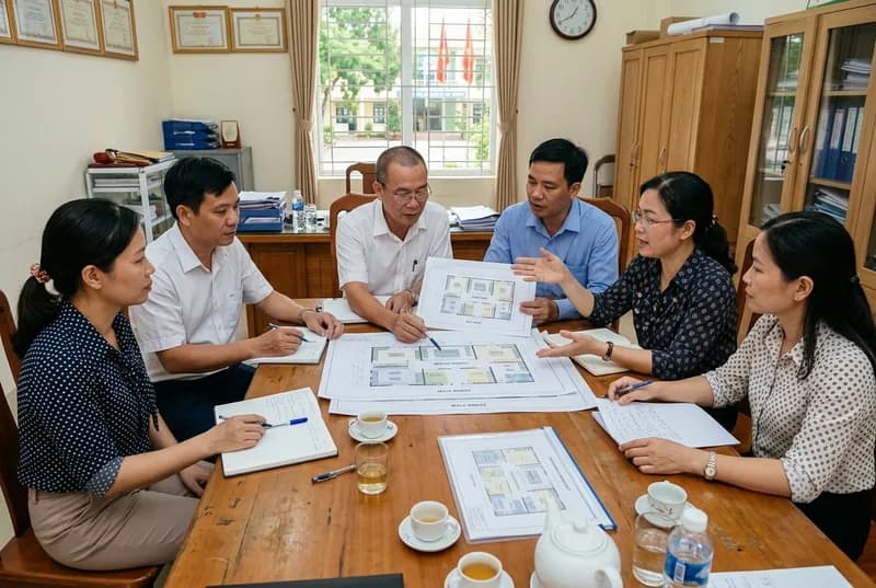 Ban giám hiệu và giáo viên trường phổ thông thảo luận lộ trình đầu tư thiết bị STEM trước mô hình phòng học thông minh