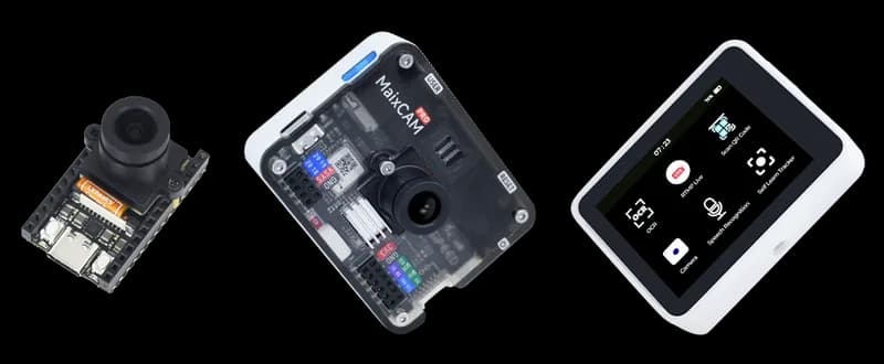 Các phiên bản camera AI Sipeed MaixCAM: vỏ có màn hình cảm ứng, bo mạch có ống kính camera