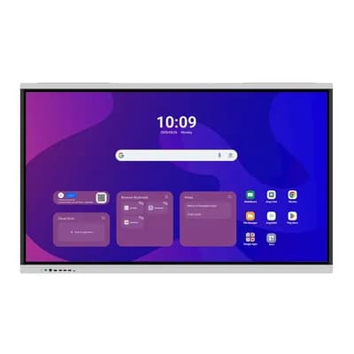Màn hình tương tác EIBOARD LZ-65MBD2 nhìn thẳng, hiển thị màn hình chính Android với đồng hồ và thanh tìm kiếm