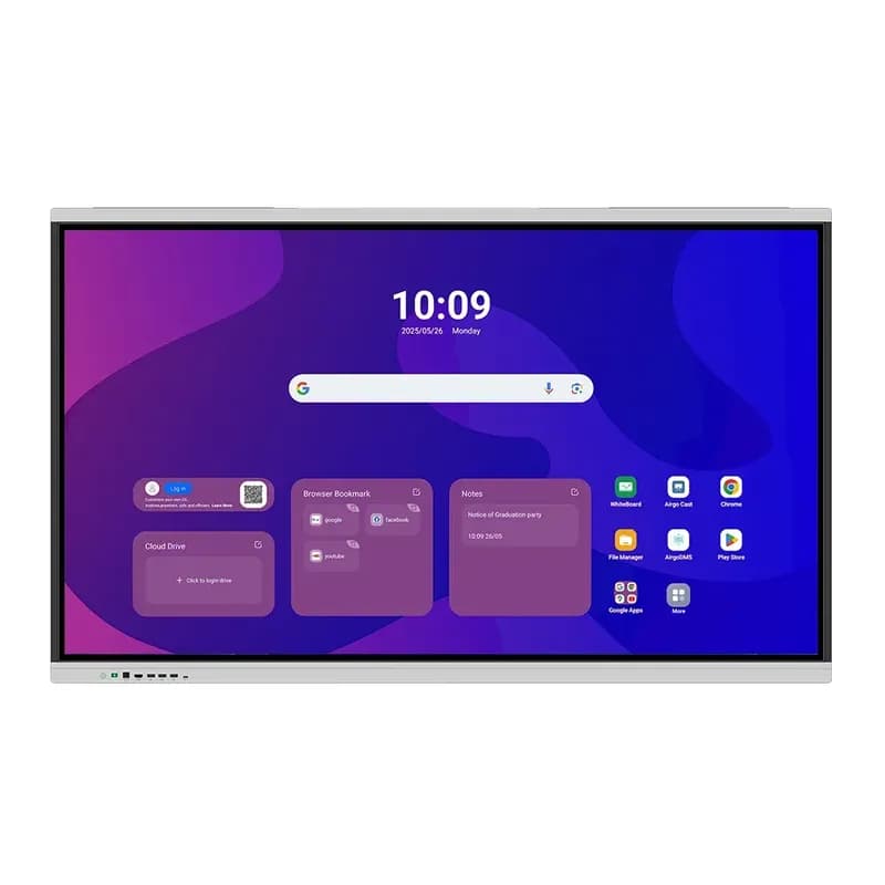 Màn hình tương tác EIBOARD LZ-65MBD2 nhìn thẳng, hiển thị màn hình chính Android với đồng hồ và thanh tìm kiếm
