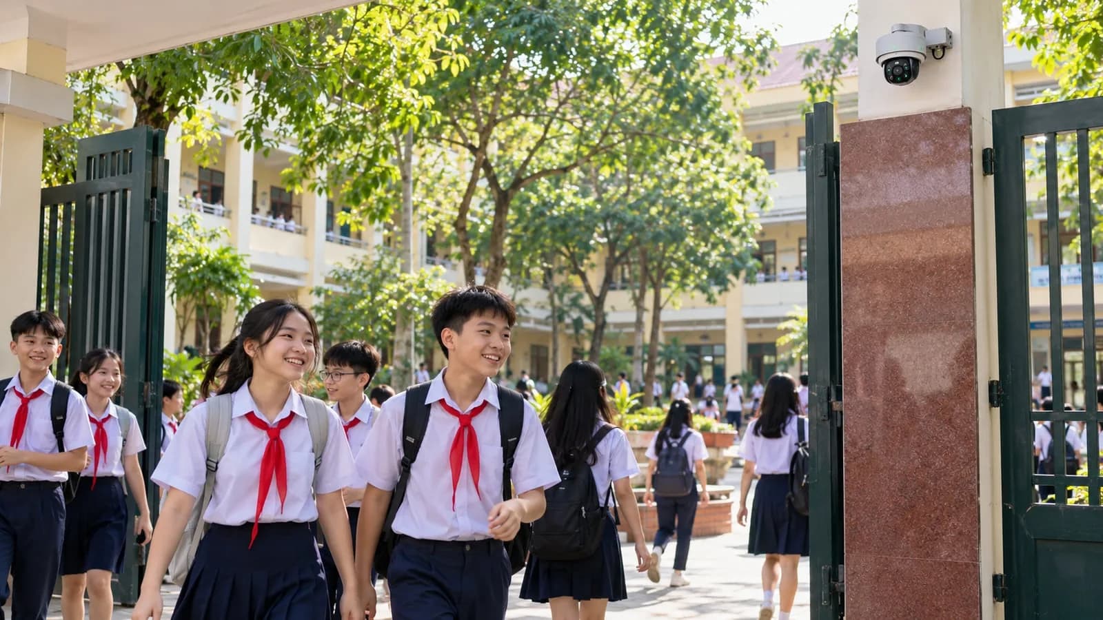 Học sinh trường phổ thông Việt Nam đi qua cổng trường buổi sáng có camera AI hỗ trợ điểm danh