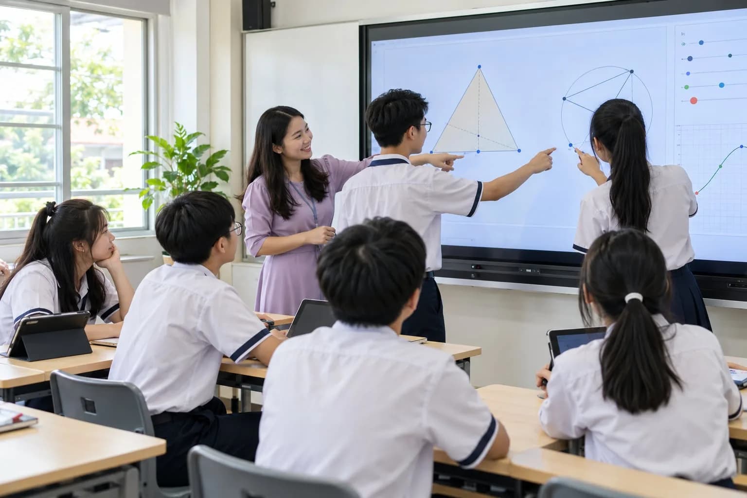 Giáo viên và học sinh tương tác học tập trên màn hình cảm ứng trong phòng học thông minh