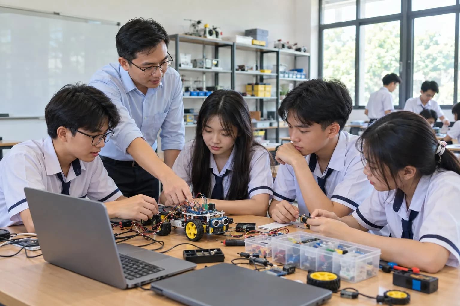 Học sinh thực hành nghiên cứu chế tạo và lập trình trong phòng STEM
