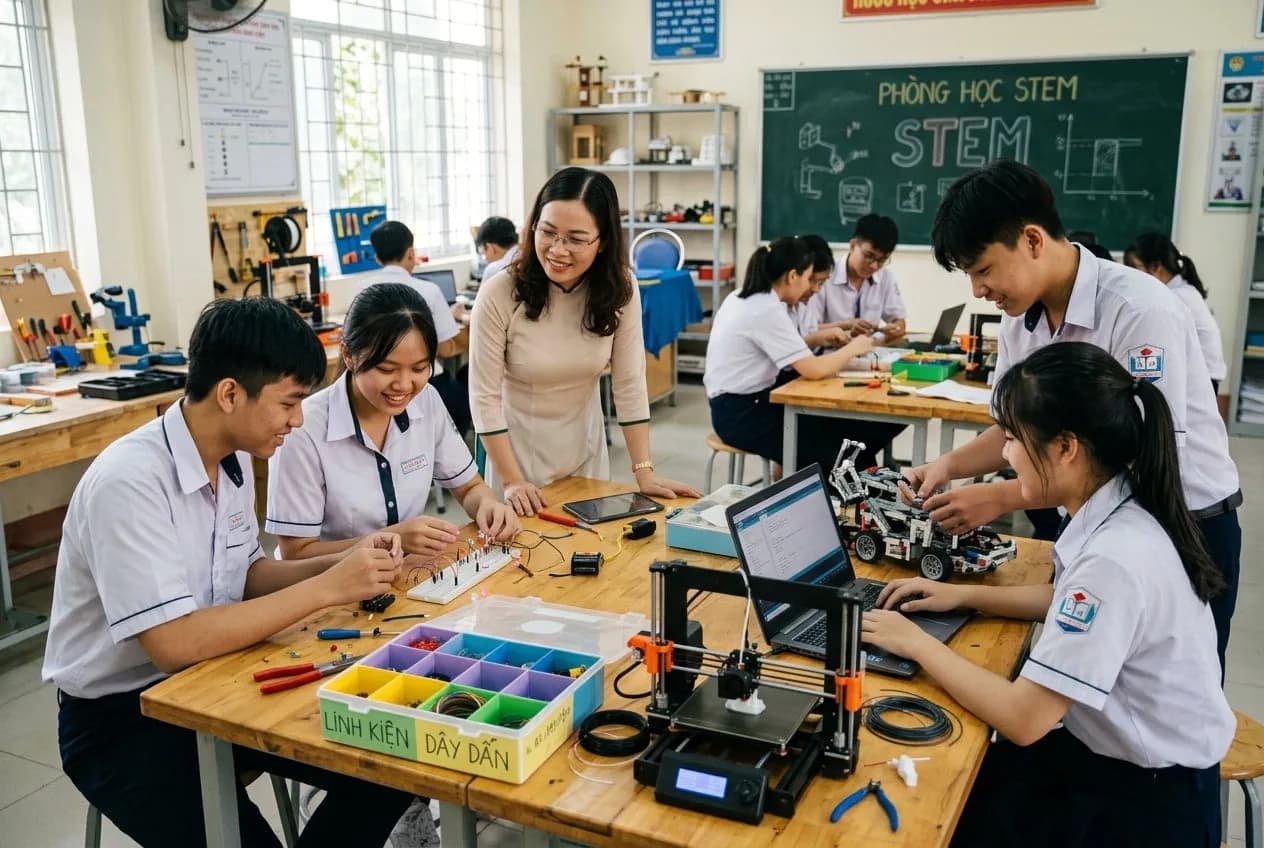 Giáo viên và học sinh phổ thông thực hành sáng tạo trong phòng học STEM thiết bị mở