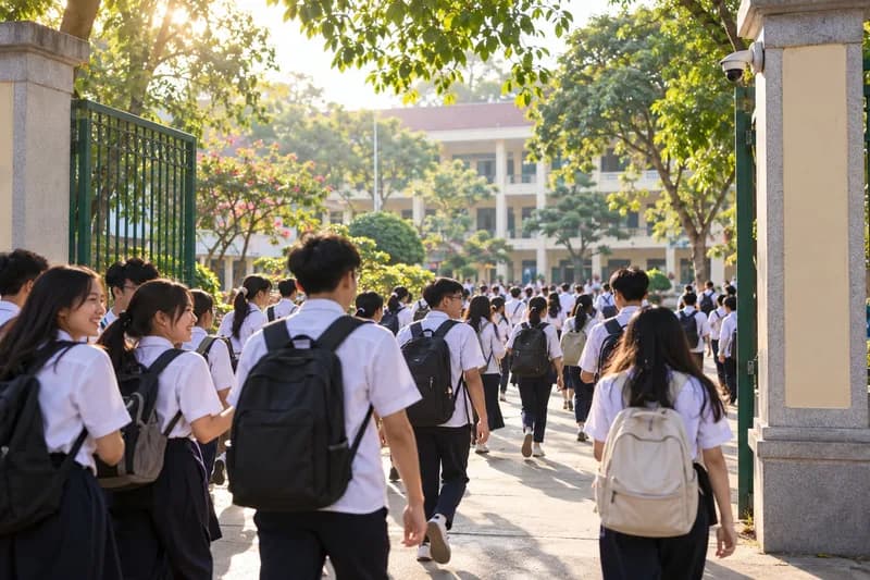 Học sinh đi qua cổng trường buổi sáng, camera gắn trên cột cổng ghi nhận điểm danh