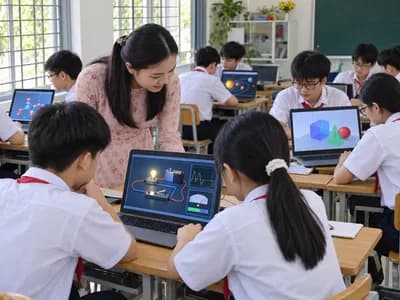 Học sinh THCS dùng máy tính xách tay có phần mềm mô phỏng khoa học trong giờ học