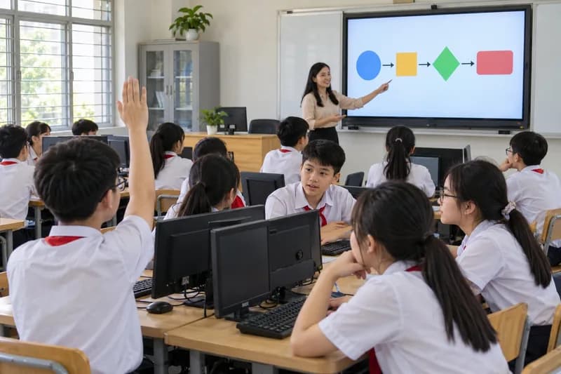 Học sinh THCS học về trí tuệ nhân tạo trong phòng tin học, giáo viên hướng dẫn trên màn hình tương tác