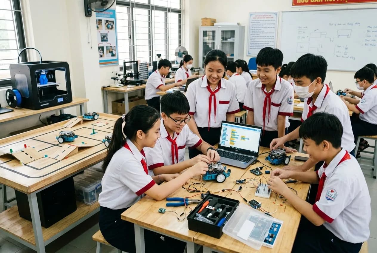 Học sinh THCS Việt Nam thực hành lập trình robot AIoT và cảm biến STEM trong phòng học bộ môn