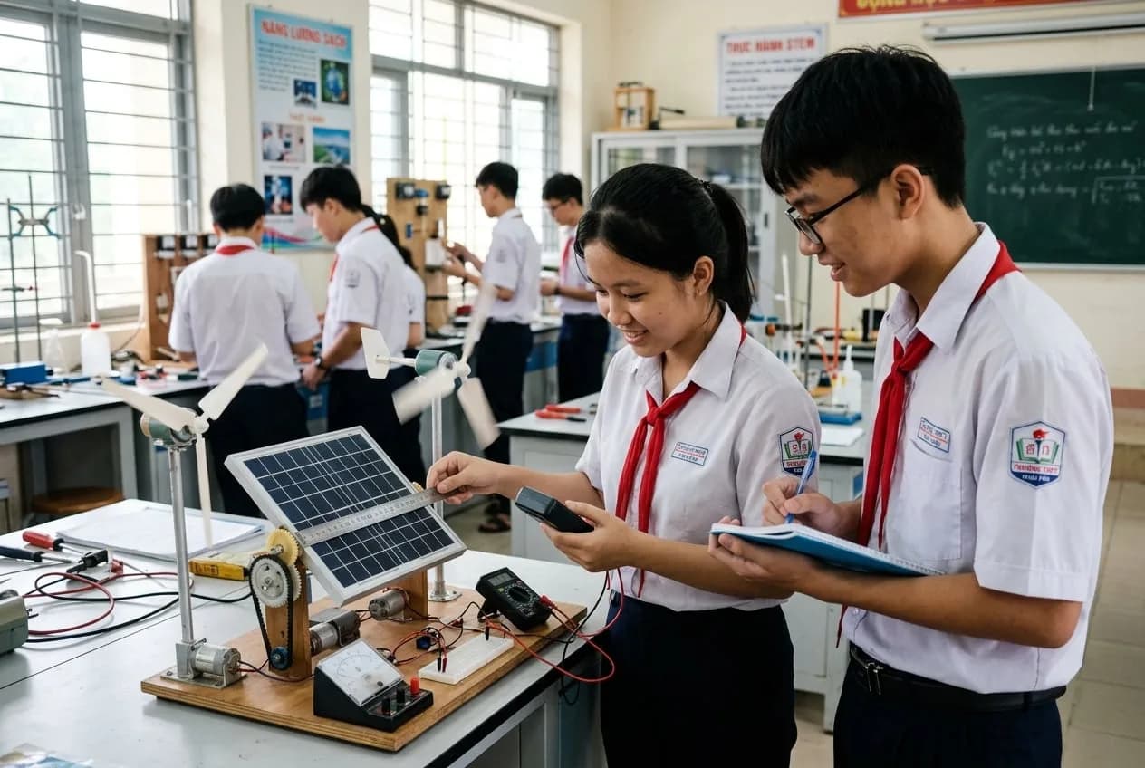Học sinh THPT thực hành với mô hình trạm năng lượng tái tạo pin mặt trời và tua bin gió trong phòng STEM