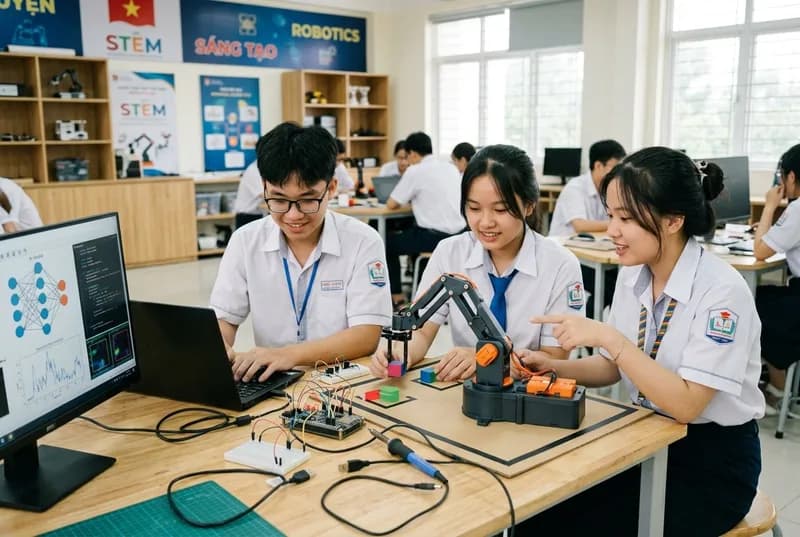 Học sinh THPT Việt Nam thực hành lập trình cánh tay robot AI và vi mạch IoT trong phòng thực hành STEM