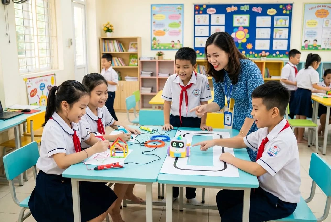 Học sinh tiểu học Việt Nam hào hứng khám phá robot giáo dục và lắp ghép mô hình STEM trong lớp học