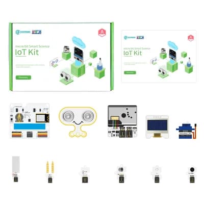 Hộp và các thành phần của bộ Elecfreaks micro:bit Smart Science IoT Kit: bo mở rộng, cảm biến, màn hình OLED, động cơ servo