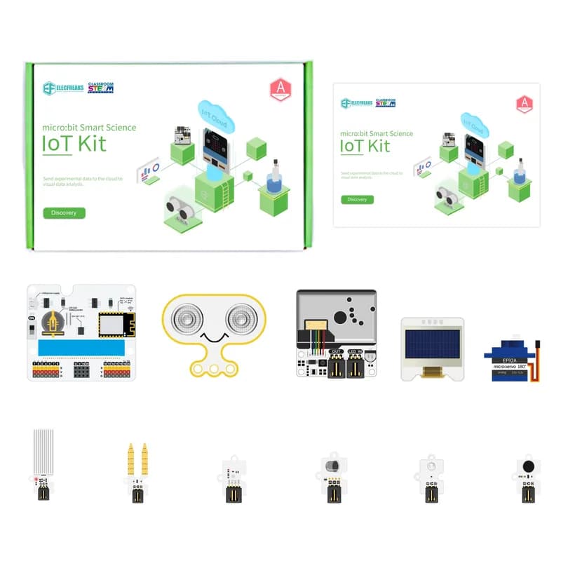 Hộp và các thành phần của bộ Elecfreaks micro:bit Smart Science IoT Kit: bo mở rộng, cảm biến, màn hình OLED, động cơ servo