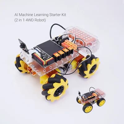 xe robot bốn bánh Mecanum thân trong suốt đã lắp, cạnh một xe nhỏ hơn