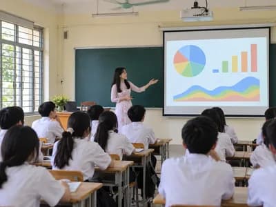 Giáo viên giảng bài trên màn chiếu có máy chiếu treo trần trong lớp học THPT