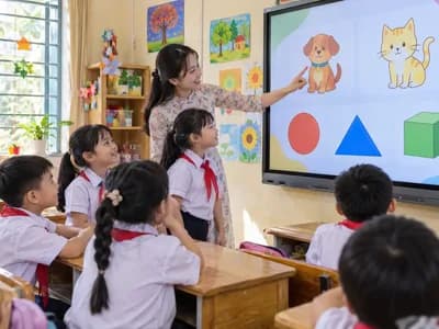 Cô giáo và học sinh tiểu học xem hình ảnh trên màn hình tương tác trong lớp học