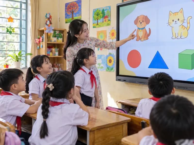 Cô giáo và học sinh tiểu học xem hình ảnh trên màn hình tương tác trong lớp học