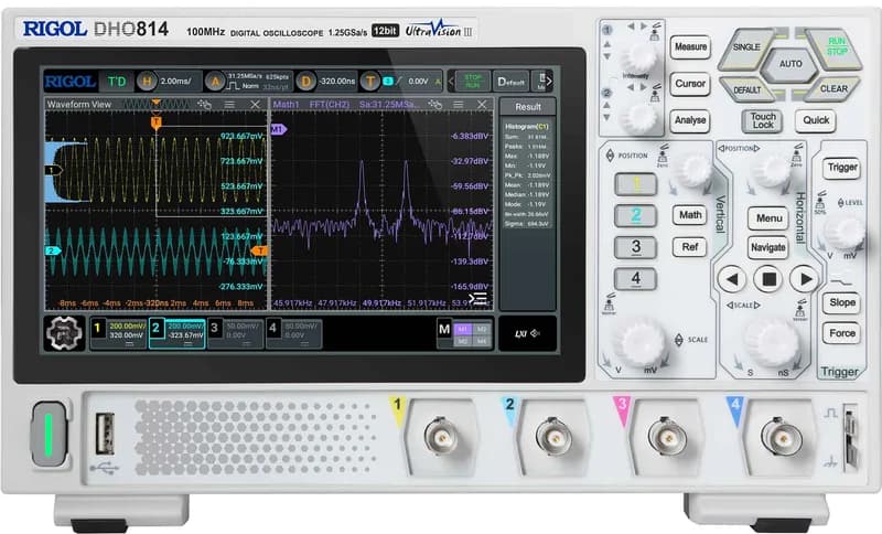 Mặt trước dao động kí số Rigol dòng DHO800 với màn hình cảm ứng 7 inch và các núm điều chỉnh