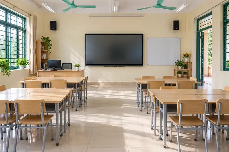 Minh họa phòng học thông minh: màn hình tương tác phía trước, loa trợ giảng hai bên, bàn học sinh xếp theo nhóm