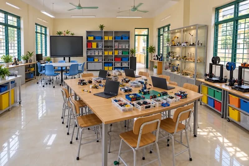 Minh họa không gian STEM dùng chung: khu bàn lắp ráp và lập trình robot, khu thảo luận có màn hình tương tác, kệ lưu trữ thiết bị, tủ trưng bày sản phẩm, góc máy in 3D