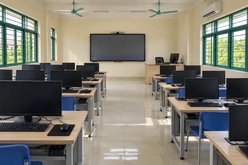 Minh họa phòng tin học: các dãy máy tính học sinh hướng lên màn hình tương tác, bàn giáo viên đặt ở góc để quan sát cả phòng