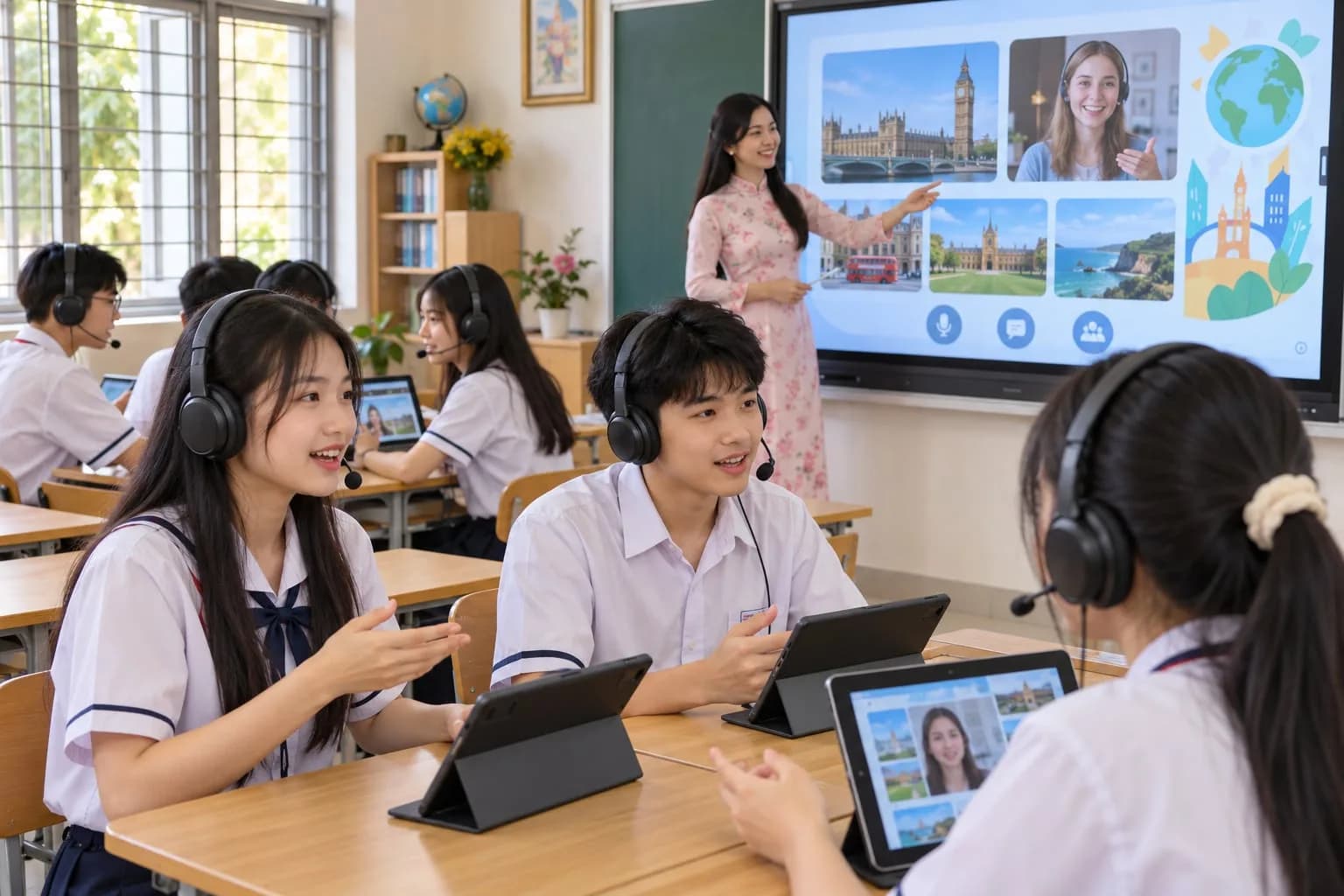 Học sinh phổ thông Việt Nam hào hứng luyện phát âm và giao tiếp tiếng Anh qua máy tính bảng và tai nghe chống ồn trong phòng học ngoại ngữ thông minh English Lab
