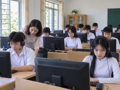 Học sinh THPT đeo tai nghe luyện nghe trong phòng học ngoại ngữ