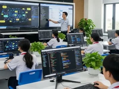 Học sinh làm việc trên máy tính trong phòng tin học, giáo viên chỉ vào màn hình lớn phía trước