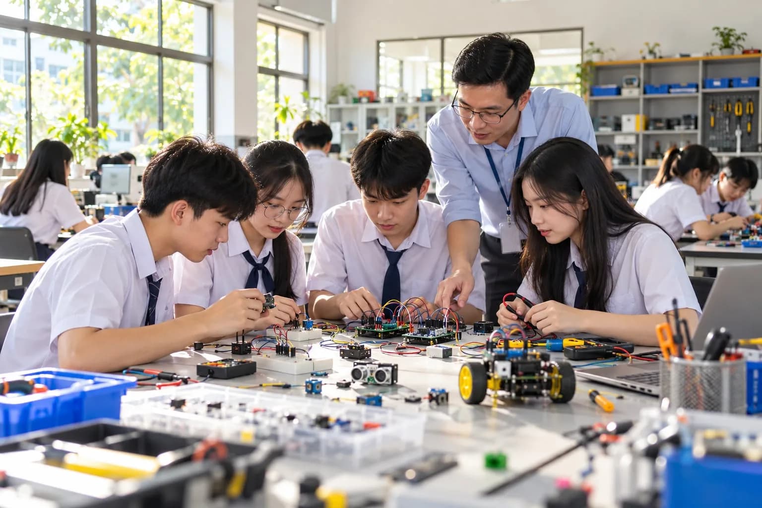 Học sinh trung học phổ thông Việt Nam hào hứng thực hành lắp ráp mạch điện tử và tìm hiểu nguyên lý vi mạch trong phòng thực hành STEM