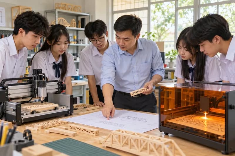 Học sinh THPT Việt Nam quan sát máy CNC mini và máy cắt laser gia công chi tiết mô hình cầu chịu lực trong xưởng thực hành STEM