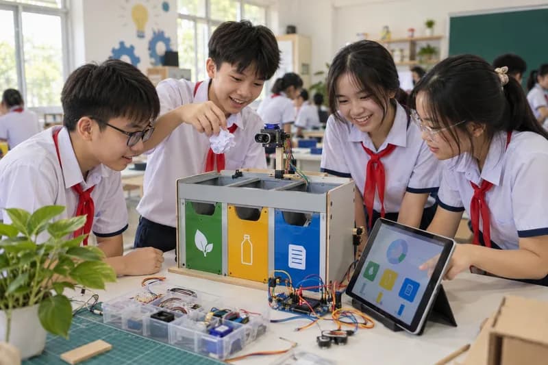 Học sinh THCS thực hành lập trình mô hình phân loại rác thông minh bằng cảm biến thị giác AI