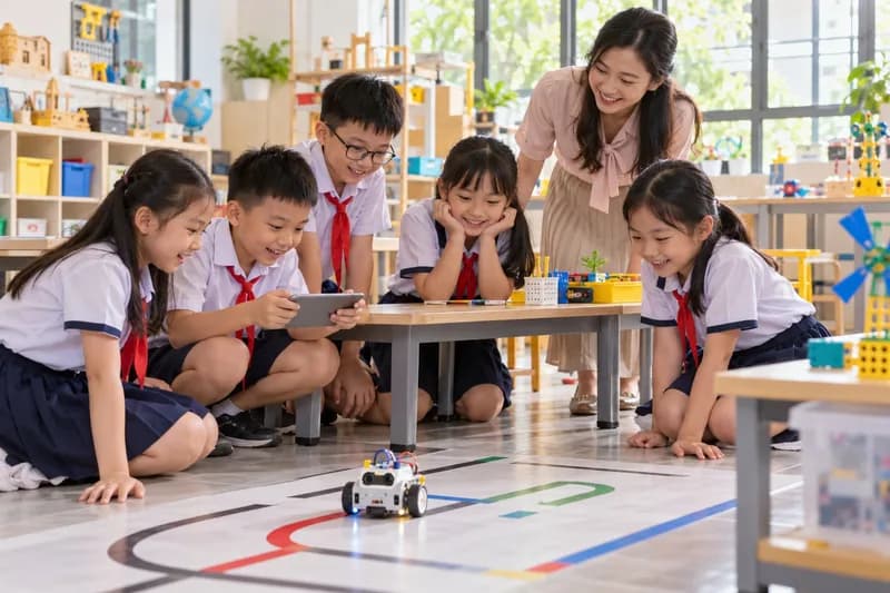 Học sinh tiểu học Việt Nam hào hứng lập trình điều khiển robot giáo dục vượt qua chướng ngại vật trên sa hình phòng học STEM