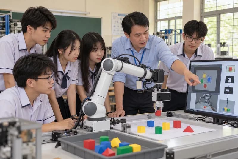 Học sinh THPT lớp 12 thực hành lập trình tay máy robot AI thị giác 3D phân loại vật thể trong phòng thực hành Tin học Công nghệ
