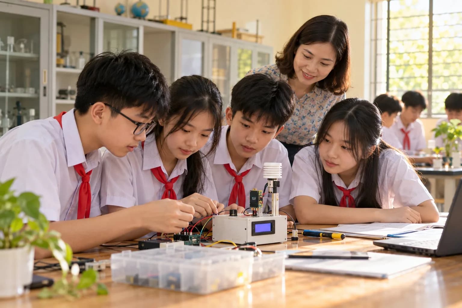 Học sinh THCS Việt Nam thực hành kết nối cảm biến và lập trình trạm quan trắc không khí IoT trên bàn thí nghiệm KHTN
