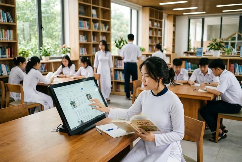Học sinh tra cứu học liệu số và đọc sách trong thư viện thông minh trường học
