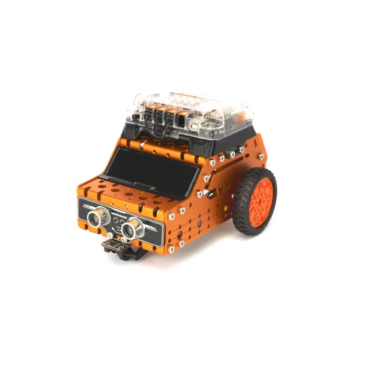 robot dạng xe màu cam đã lắp hoàn chỉnh, nhìn chéo từ phía trước