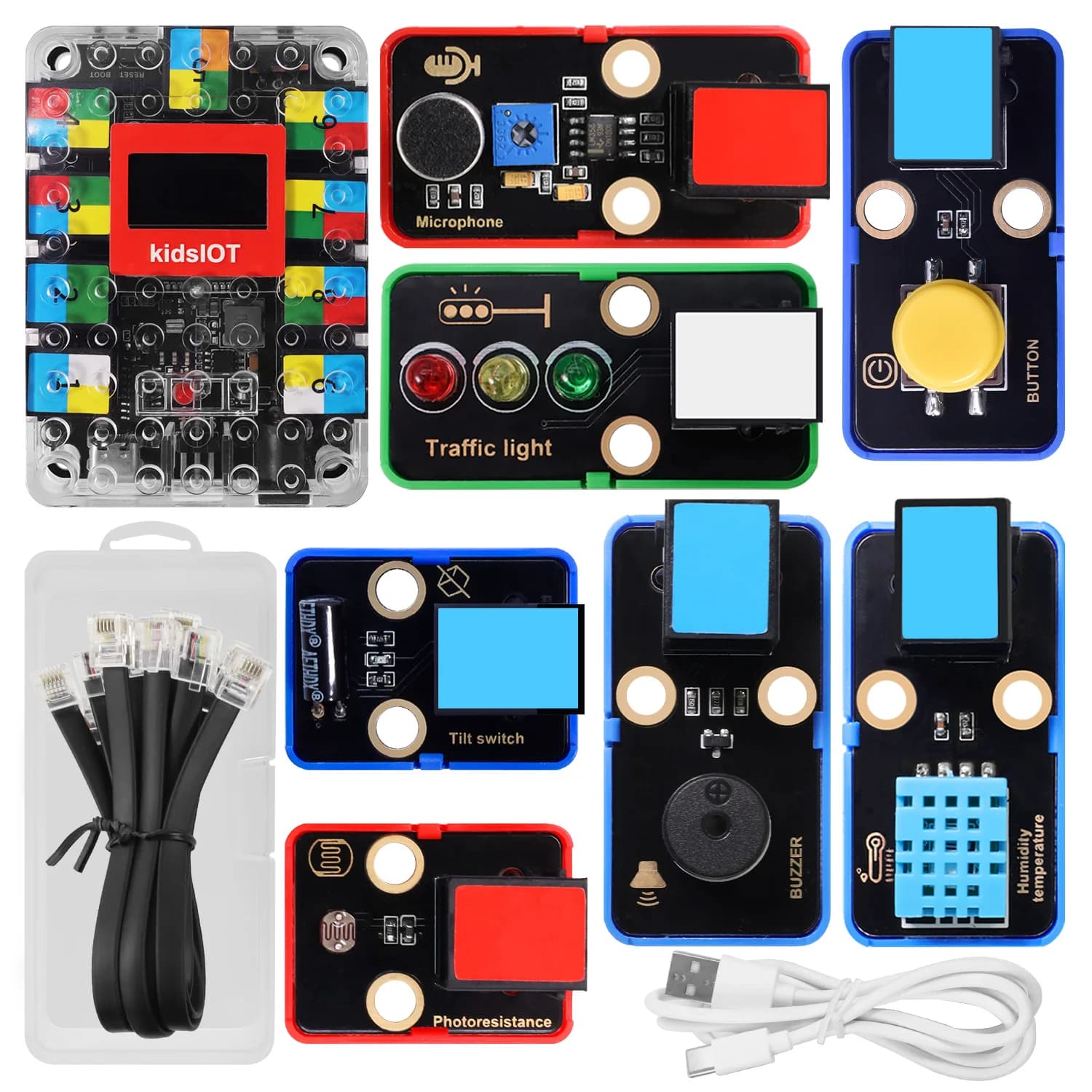 bảng điều khiển trung tâm, các mô-đun cảm biến và dây nối RJ11 của bộ IoT bày trên nền trắng