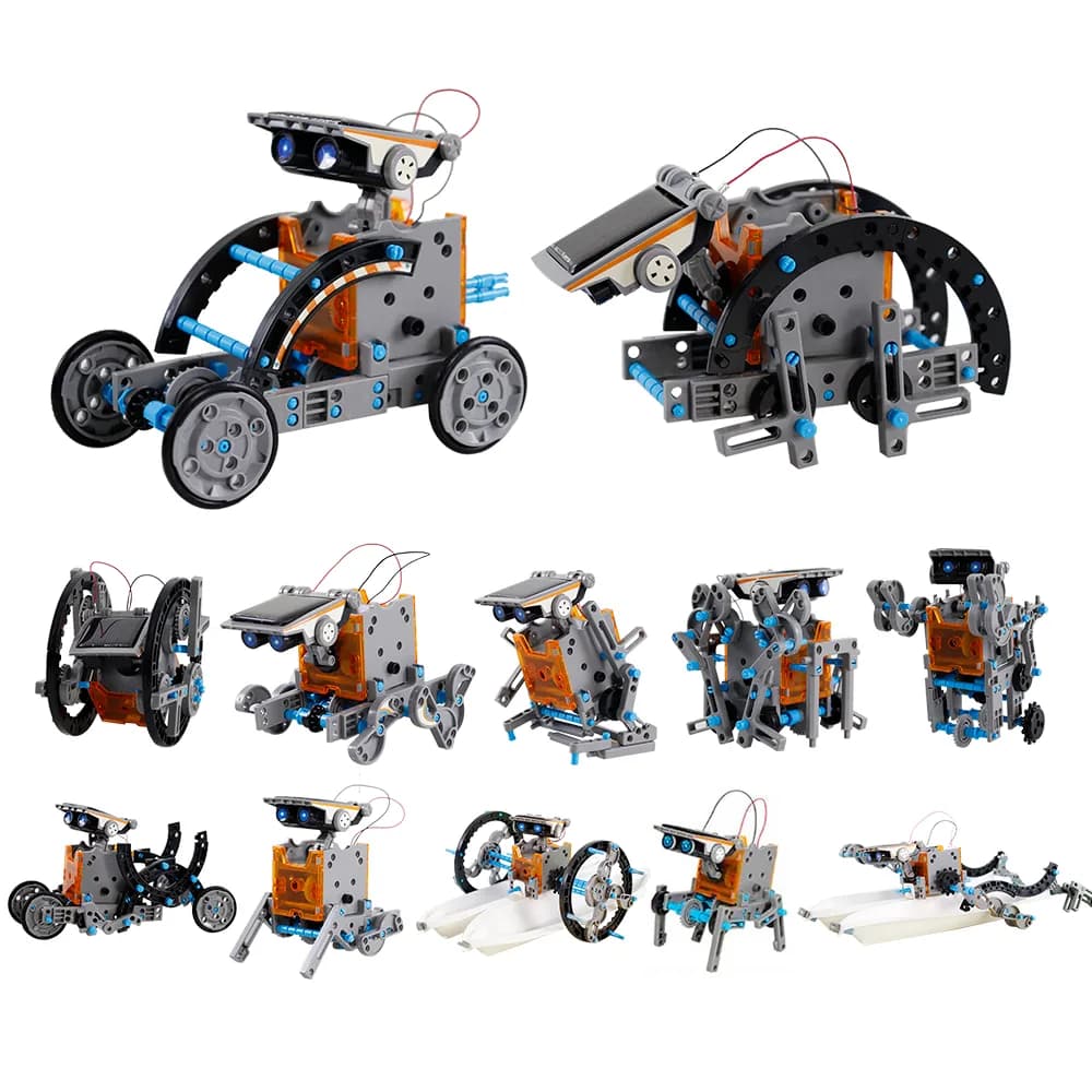 các mô hình robot năng lượng mặt trời lắp được từ bộ linh kiện, xếp trên nền trắng